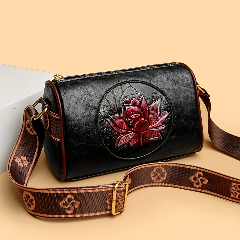 Women's Retro Handbag With Lotus Relief - Adjustable Crossbody/shoulder Bag, (//), Zipper Closure & Suitable For Casual &