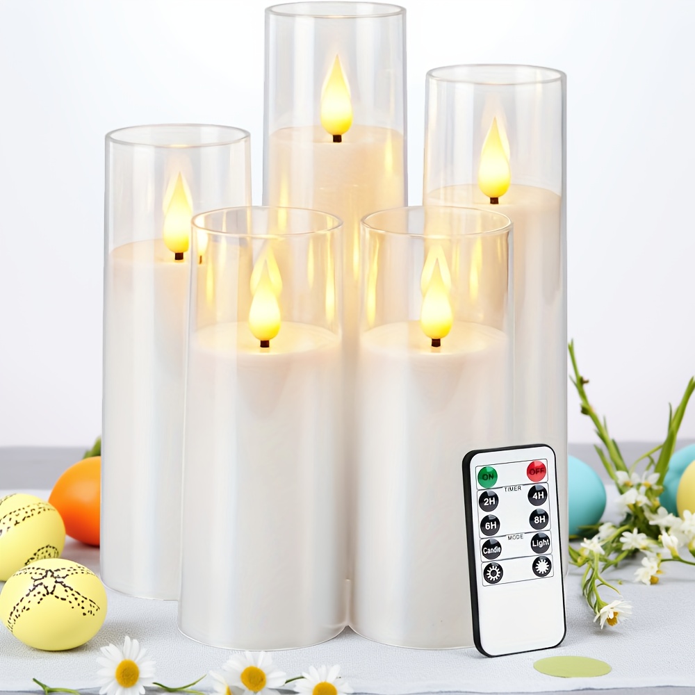 TEMU Acrylic Flameless Candles, Battery Operated Candles, Flickering Led Pillar Candles With Remote Control And Timer, 3d Wick, Warm White Light, D2.2 Xh5 5" 6" 7" 8", Set Of 5