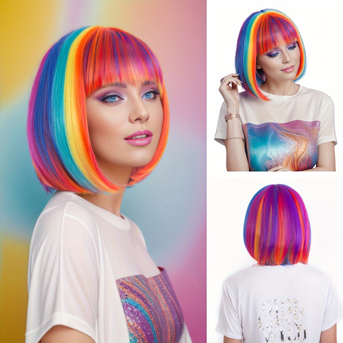 TEMU Colorful Bob Wig Short Straight Wig With Bangs Synthetic Wig Costume Wig For Halloween Festival