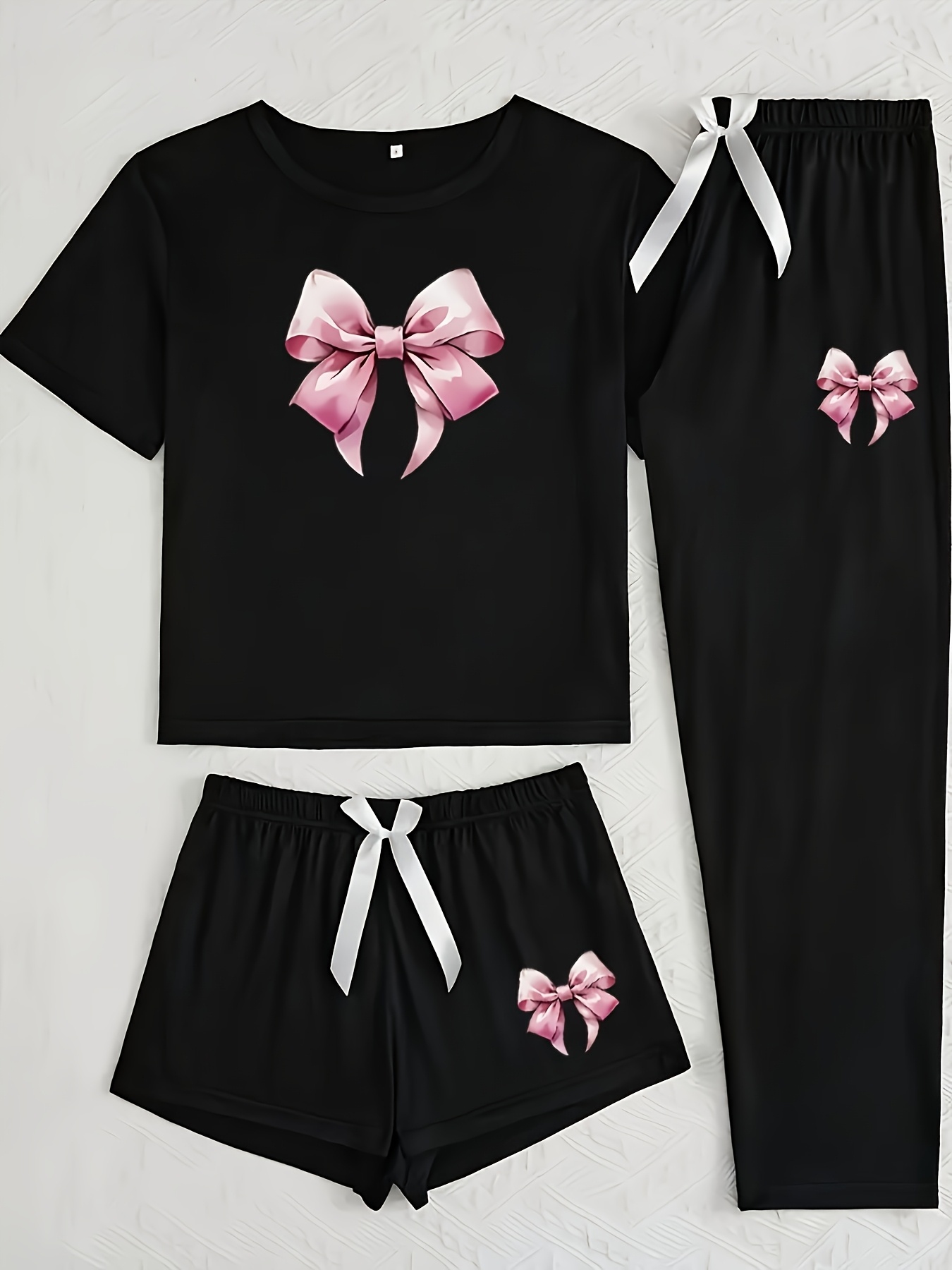 three piece womens casual sleepwear set with a   and pink bow print
