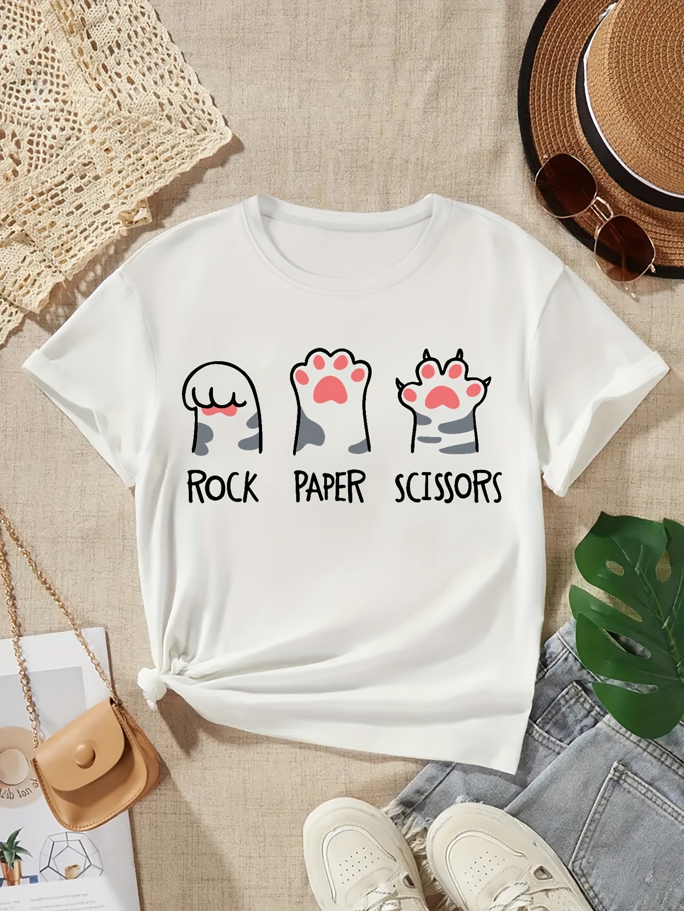 Rock Paper Scissors Cartoon Cat Paws Graphic Print Tee Tween - Temu