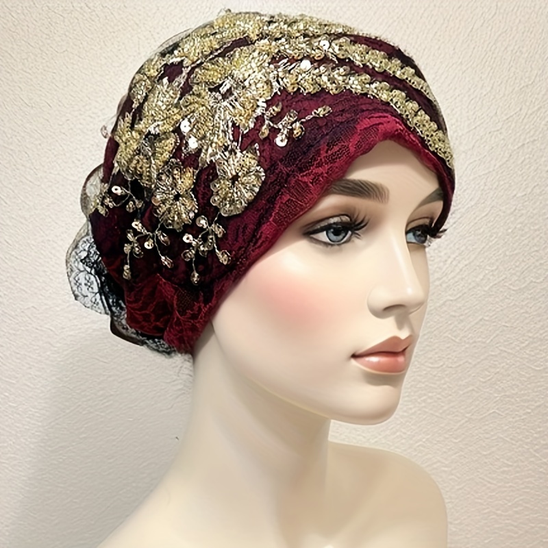 

Elegant Lace Embroidery Turbans For Women Vintage Red Elastic Head Wraps Boho Beanies Chemo Cap