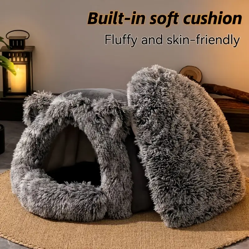 1pc winter warm fleece cat cave polyester fiber plush pet bed cozy for small to medium cats and dogs windproof 360 thermal non assembled cat house Product details 3