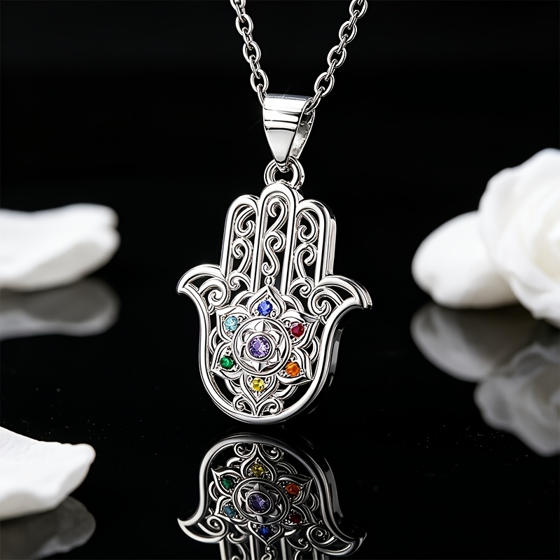 Women's S925 Silver Hamza Necklace with Lotus Chakra Pendant