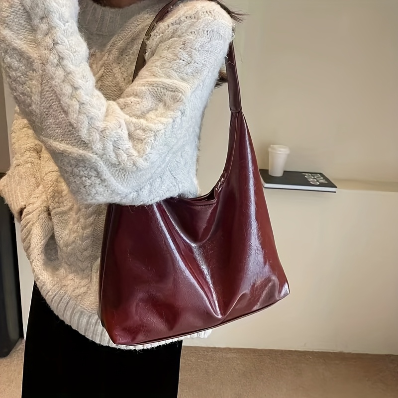 Autumn Winter Must-have: Wine Red Patent Shoulder Bag, Stylish Cross-border Hit For Commuting & Streetwear Looks