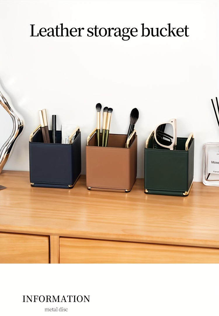 1pc of lightweight   leather storage tube makeup brush organizer vanity eyebrow and eyeshadow brush holder metal frame leather pen case desktop remote   storage box stylish square storage box multifunctional shelf living room countertop organizer fashionable high quality item Product details 0