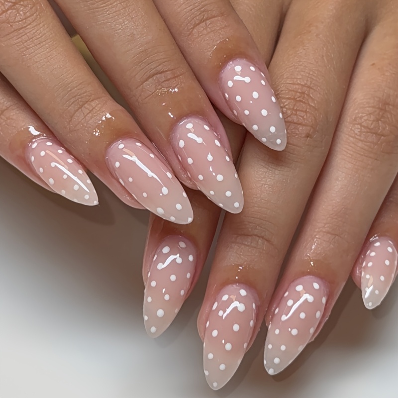 TEMU 24pcs Nail Press-on Polka Dot False Nails Oval Nail Dot Press-on Nails Manicure Set Includes 1 Adhesive Sheet And 1 Mini File, Perfect For Daily