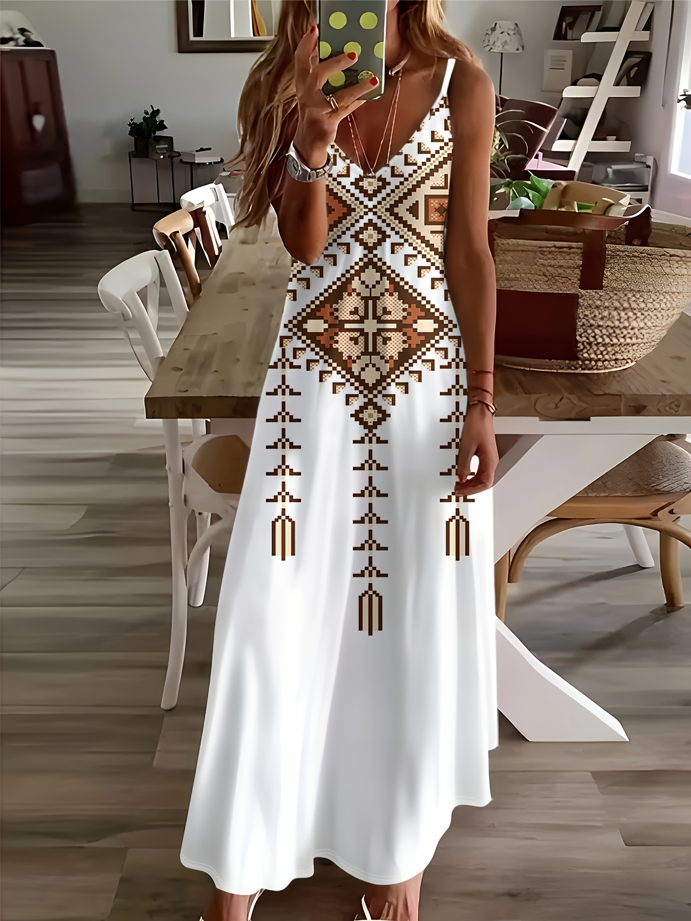 * Geometric Tribal Print V-neck Dress