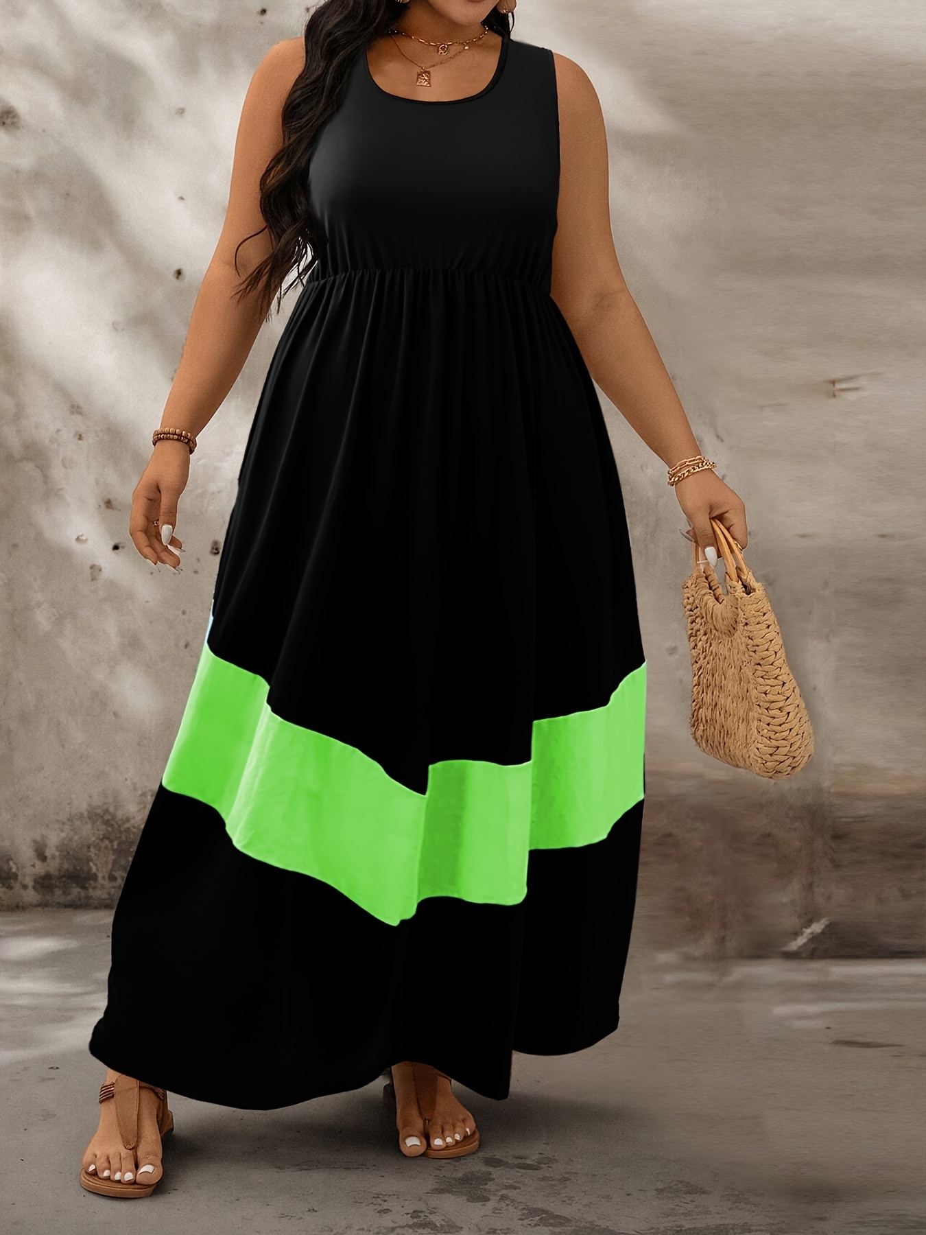 plus size color block tank dress casual ruched sleeveless - Temu
