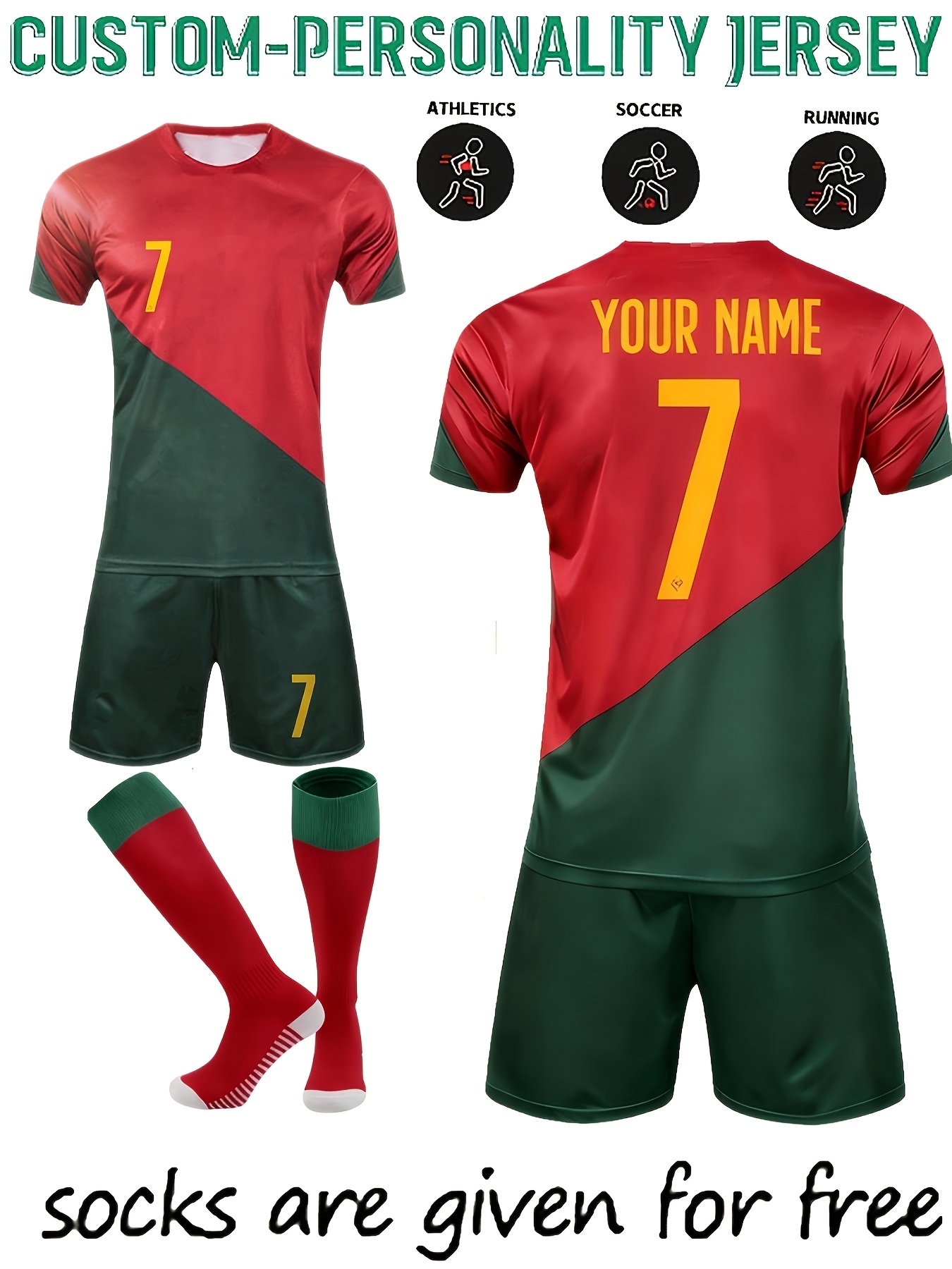 personalized customization 3pcs set boys top plus shorts plus long socks set c r7 jersey training suit set boys jersey set name customization   customization short sleeved shorts set with football pressure socks suitable for sports