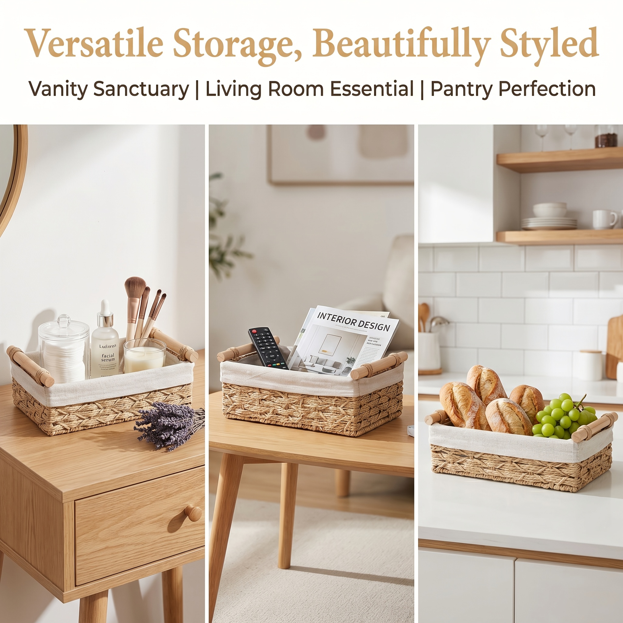 2pcs Handmade Paper Rope Woven Storage Basket with Wooden Handle - Portable Snack Organizer for Bathroom, Kitchen Shelf and Countertop, Decorative Basket for Home Storage and Organization, Shelf Baskets