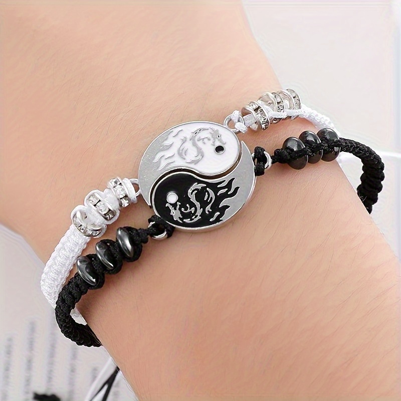 

2pcs Trendy Ethnic Dragon Tai Chi Yin Yang Bracelets - Adjustable, Black & White Bangles For Girls