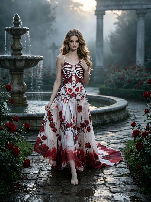 item picture women skeleton rose cami maxi dress deep v neck floral decor blood stain print halloween gothic spooky long dress for women
