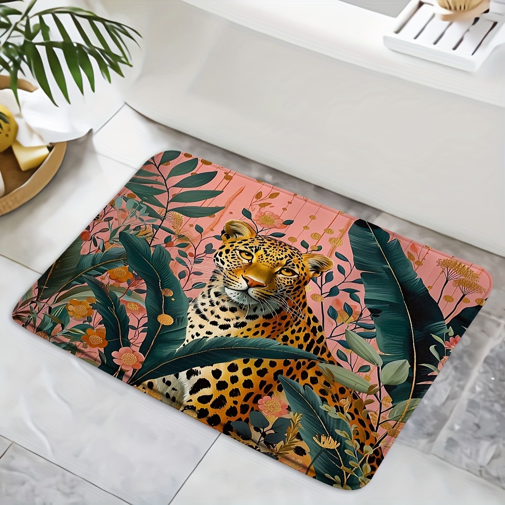 

Leopard Print Non-slip Bath Mat - Soft, & Machine Washable | Watercolor Jungle Leaf Design | Kitchen, Entryway, Bedroom & Home Decor