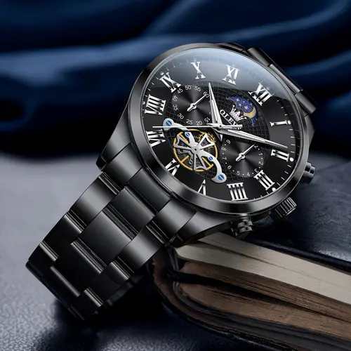 ol vs mens luxury skeleton watch stainless steel chronograph with luminous hands moon phase display roman black white gray dial elegant business business wristwatch luxury watch