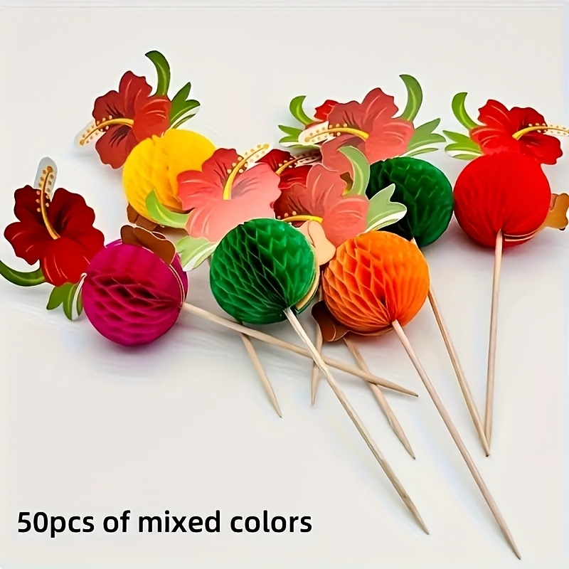 Image of Pack Of 50 Disposable 3d Hawaiian Hibiscus Fruit Skewers, Honeycomb Cocktail And Cake Toppers For Tropical Beach Parties, Drink Stirrers, Appetizer Picks, And Festive Decorations