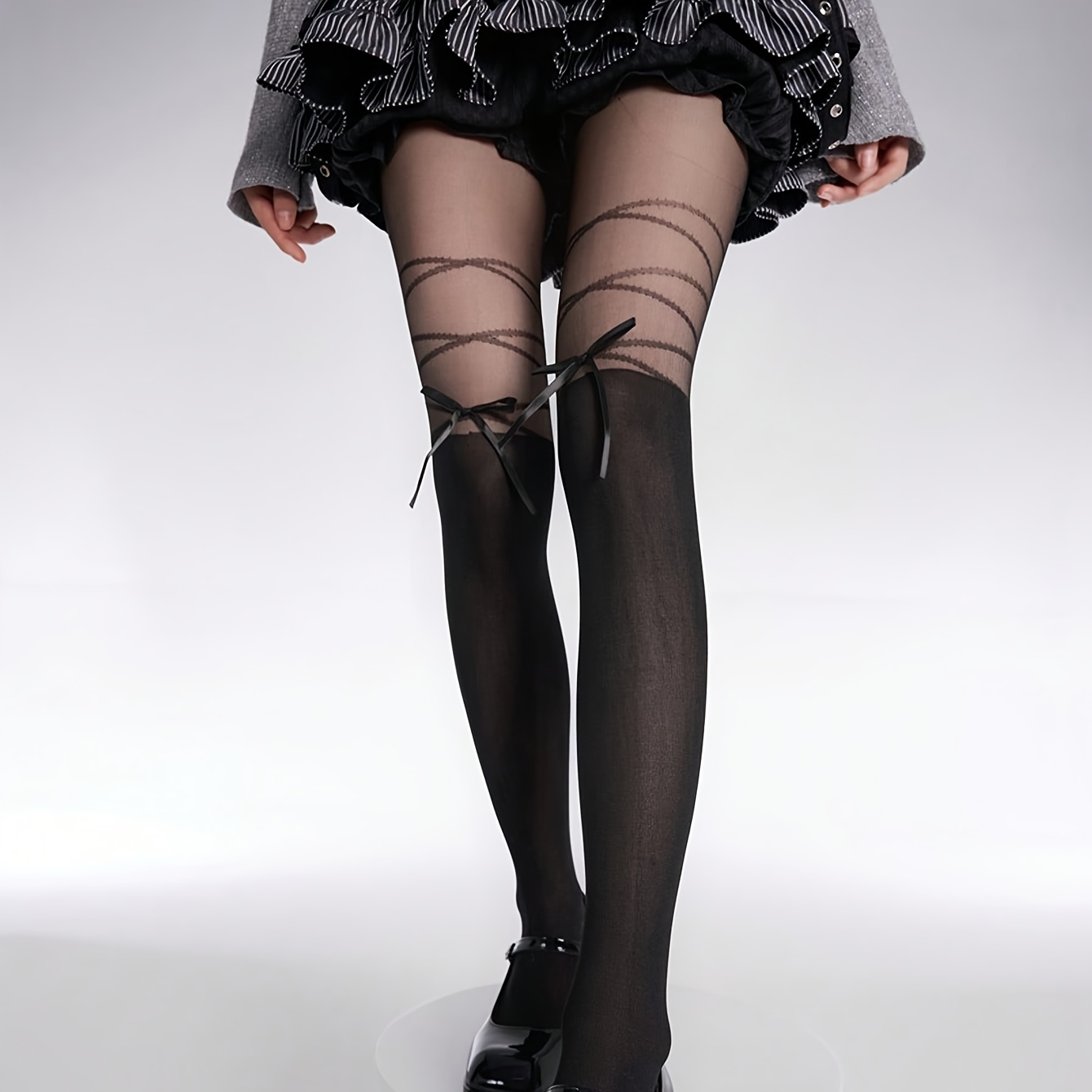 1 stuk Dames Sexy Strik-Verfraaide Lichtgewicht Panty's - Zwart Geometrisch Patroon, Anti-Knopen Ontwerp, Comfortabel & Stijlvol voor Casual Kleding, Dagelijkse Panty's | Strikdetail Panty's | Constructie, Panty's voor Vrouwen