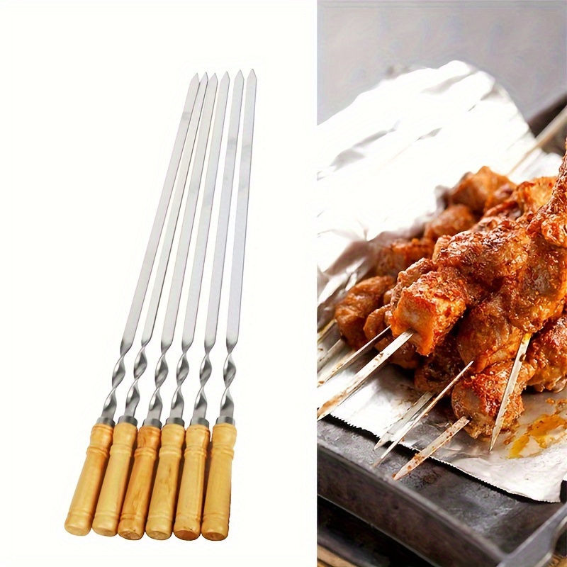 

6pcs, Stainless Steel Barbecue Skewers, Barbecue Flat Skewers, Steel Drill, Wooden Handle Large Flat Skewers, Outdoor Barbecue Tools, Kitchen Supplies, Kitchen Accessories, Bbq Accessories