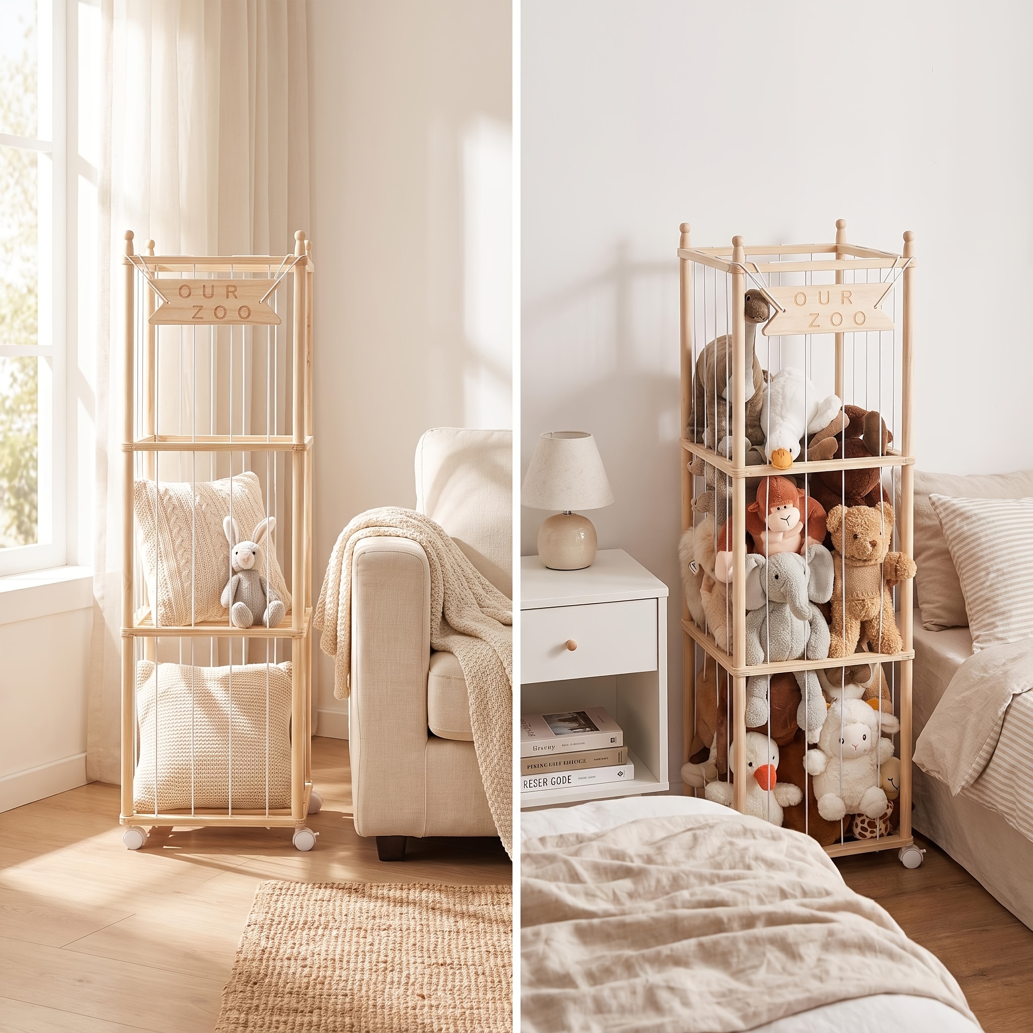 TEMU Large Capacity Wooden Organizer For Building Blocks Storage And Accessories, Space-saving Vertical Rack With Wheels, Fits All Sizes From Tiny To