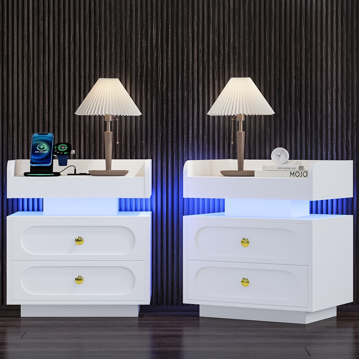 nightstand set of 2 with charging station, led lights, bedside tables with 2 rounded design drawers, , , end table for bedroom, - smart home - Temu