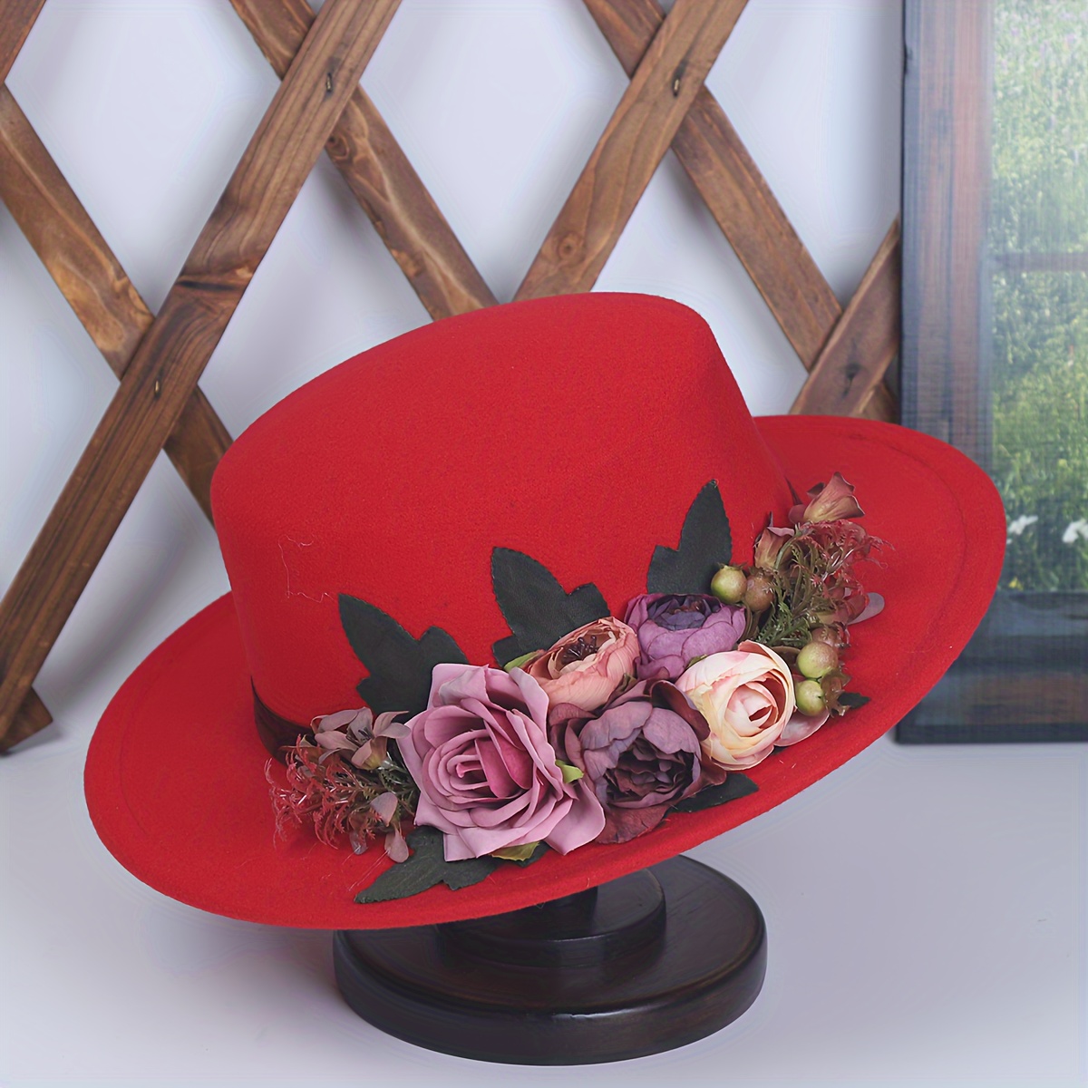womens lightweight maroon floral decorated flat top felt hat  display picture 1