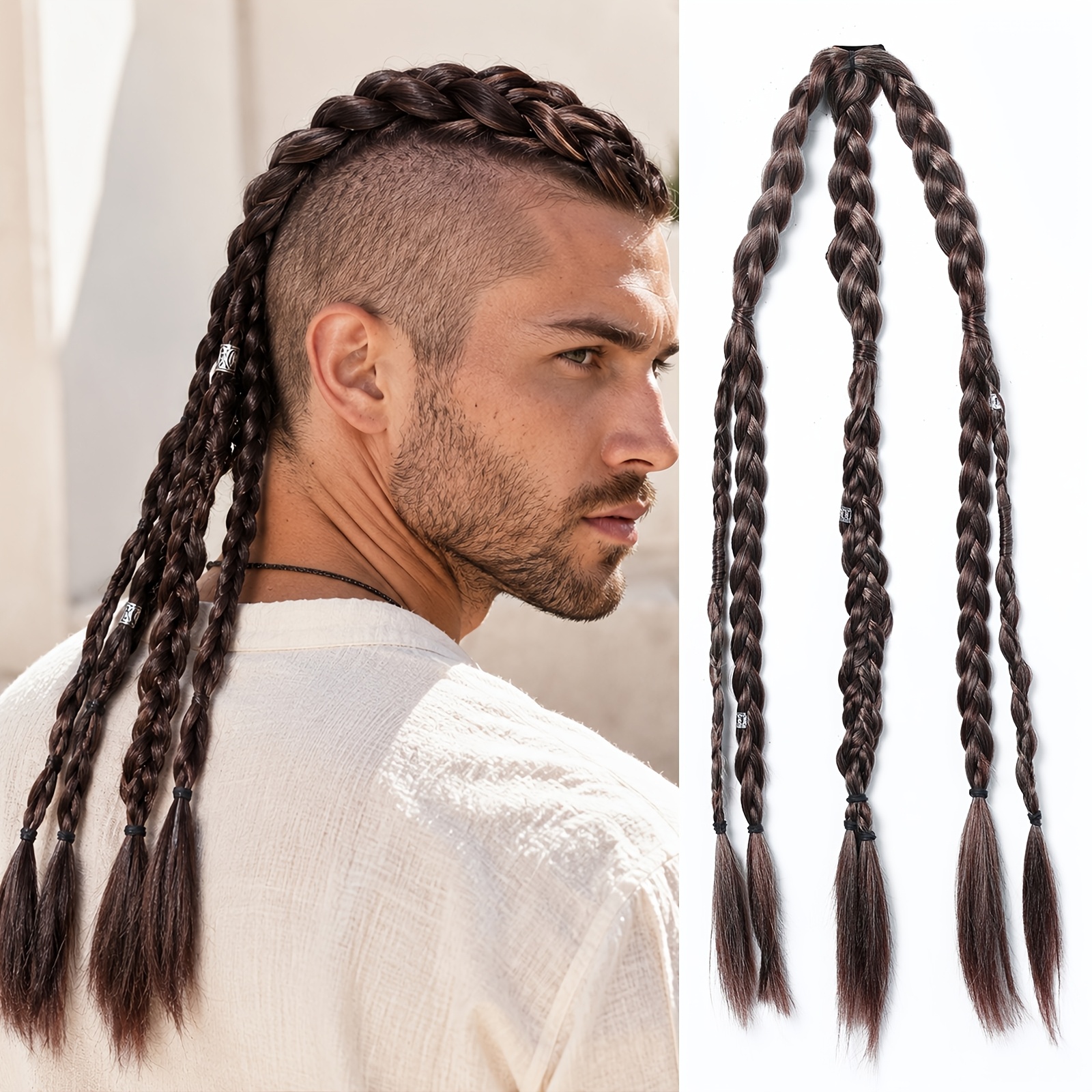 Viking Hair Extensions For Men 24" Handcrafted Clip In Braided Ponytail Hairpiece For Halloween Viking Costume Renaissance Warrior Additions