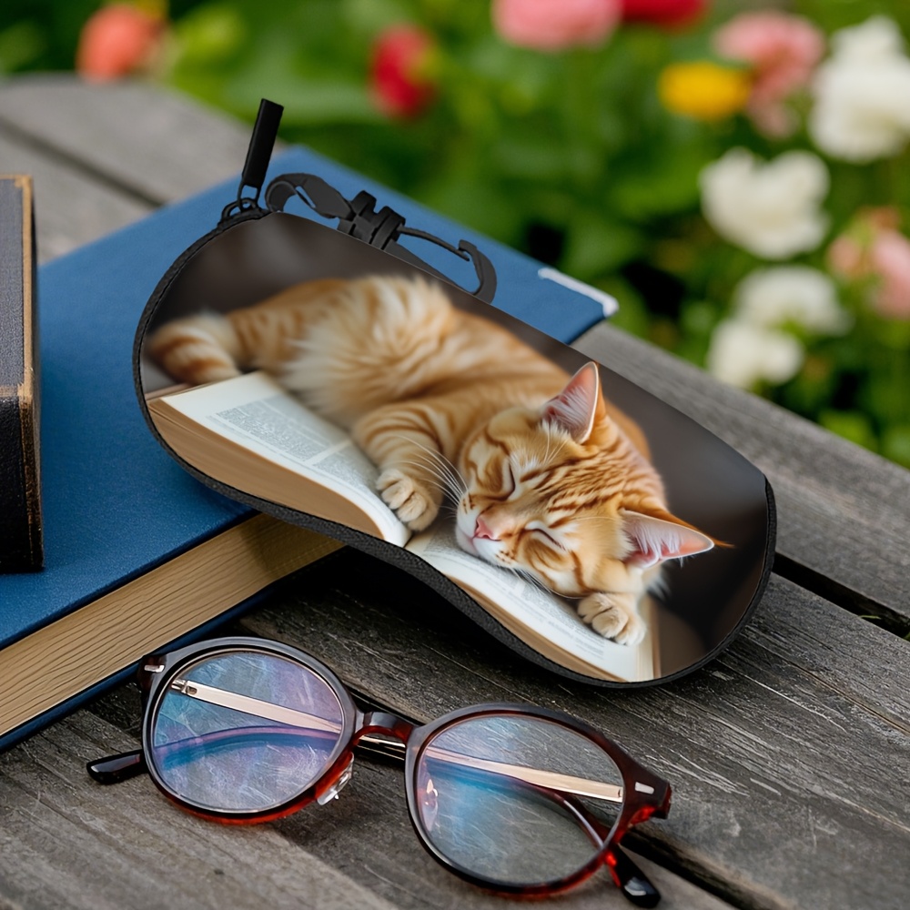 1pc sleek book cat print zippered fashion glasses case portable lightweight ideal for eyewear wallet jewelry and essentials   daily and   cat accessories stylish accessory durable zipper closure cat accessories 0