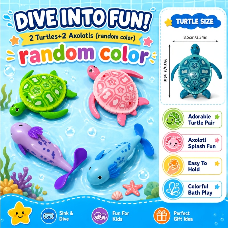 TEMU Lot de 4 jouets de plongée pour enfants de couleurs aléatoires, tortues de dessin animé, salamandres et jouets de jeu d'eau pouvant sous .