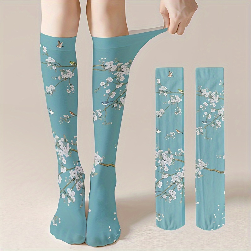 

Elegant Floral Calf Socks, Chinese Style Soft Knee High Socks, Women's Stockings & Hosiery