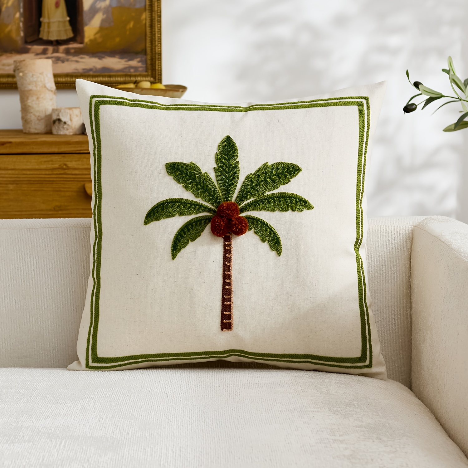 TEMU 1pc Of Linen Pillowcase, Coconut Decorative Pillow Covers With Embroidery On , Ideal For Spring And Summer, Perfect For Decorating Your Sofa,