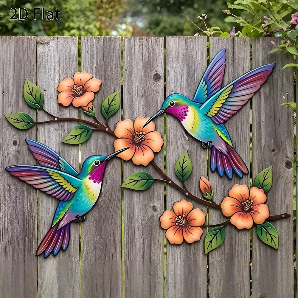 TEMU 2d Flat, 1pc Hummingbird Wall Decor Suitable For Outdoor/ - Colorful Plastic Horizontal Hanging Bird Ornament With Flowers, Rustic Garden Sign