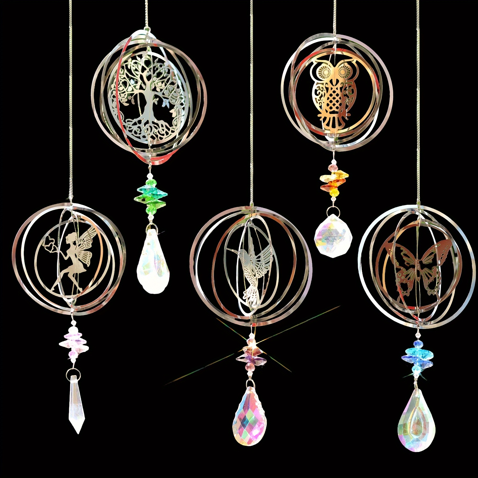 

3d Rotating Hummingbird And Butterfly Life Tree Wind Chime With Crystal Pendants - Outdoor Garden Decoration