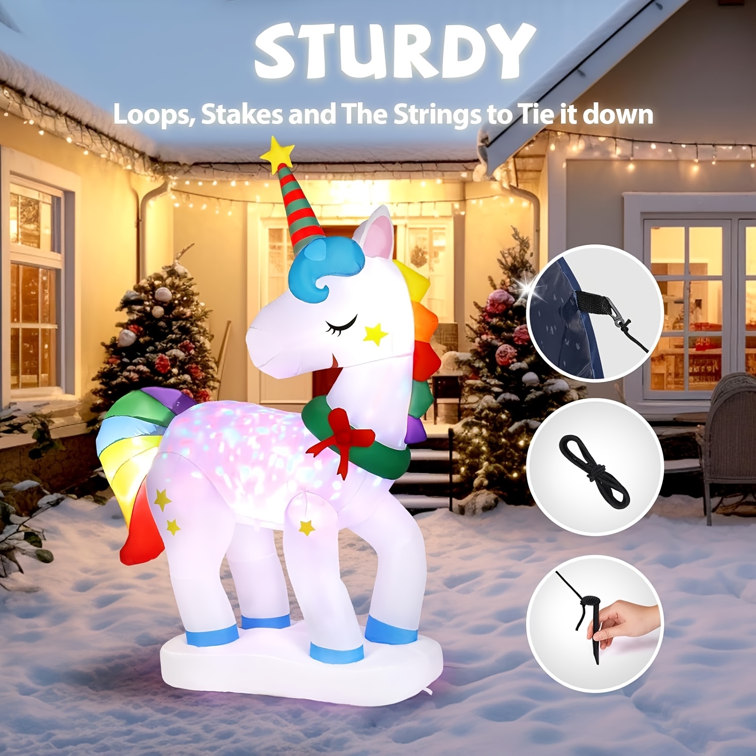 

Christmas Unicorn 6.5ft Drawstring Pocket 3 Led Lights 1 Turntable Light Patio Gingerbread Man Decoration