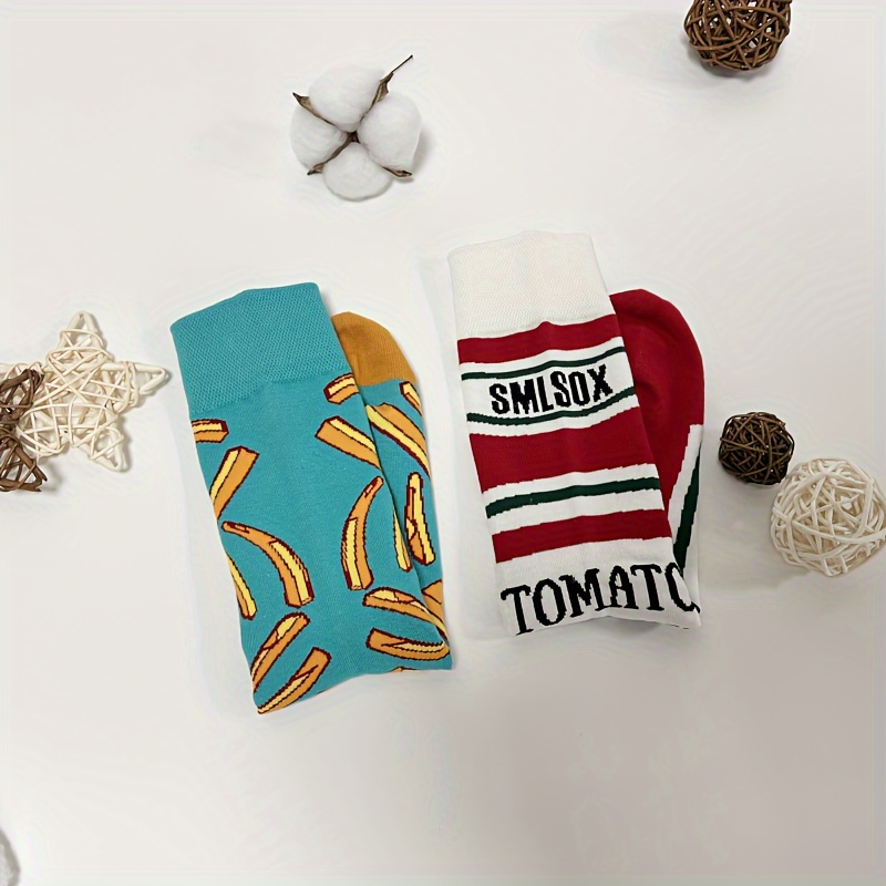 

Fries & Ketchup Pattern Socks, Unisex Trendy Ab Style Mid Tube Socks, Women's Stockings & Hosiery - For Fall
