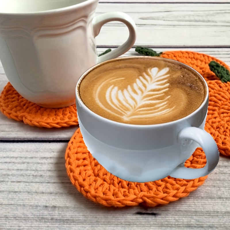 Image of Autumn Crochet Pumpkin Coasters - Set Of 2, Handmade Drink Mats, Farmhouse Decor For Fall, Thanksgiving Table Accessories, Halloween Kitchen Gifts