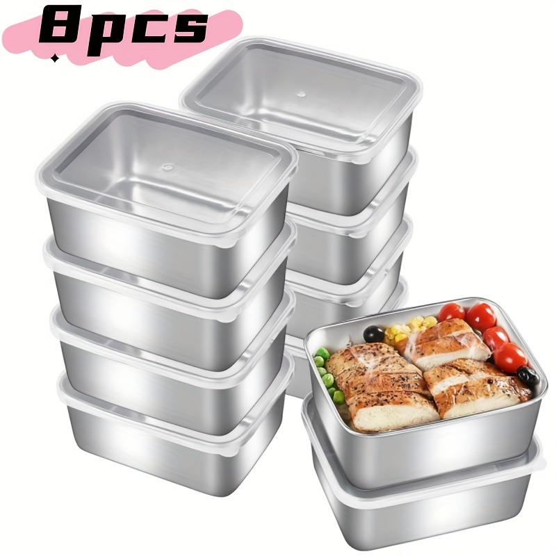 Image of 8pcs Stainless Steel Food Storage Set With Clear Lids - Square, Hand Washable Containers For Meal Prep & Outdoor Picnics - Microwave, Oven & Grill Safe