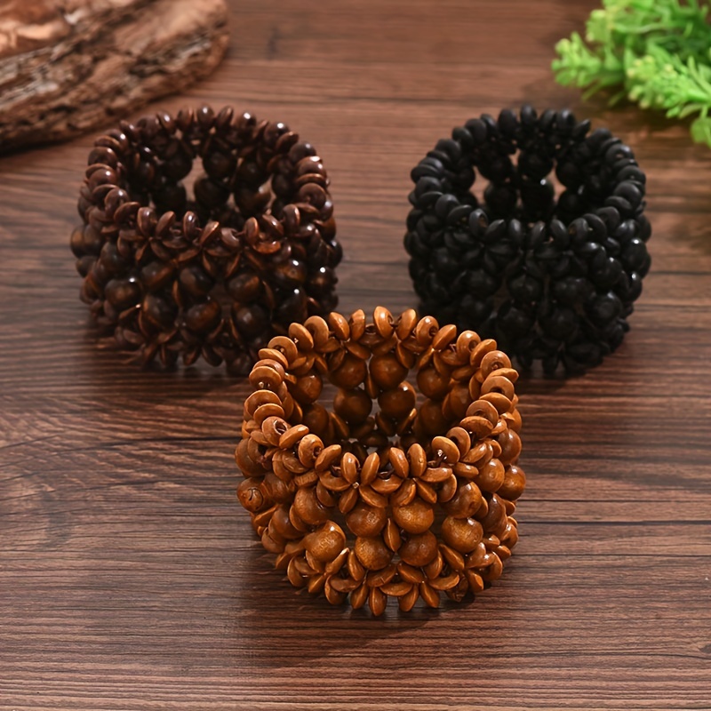 3pcs/set Bohemian Woven Elastic Wide Wooden Bead Bracelet For Women, Wooden Beads Random