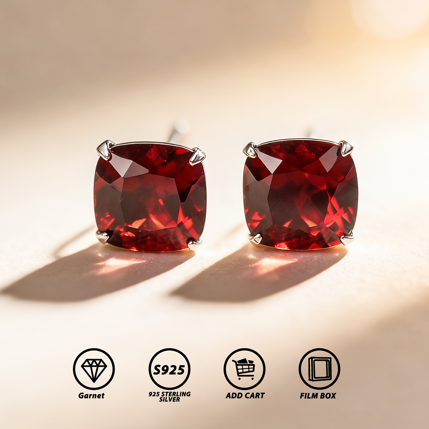 Image of Natural Garnet S925 Silver Earrings, Hypoallergenic And , Inlaid With 5x5/6x6mm Cushion-cut Natural Garnet, Elegant And Sexy Jewelry, Valentine's Day Gift