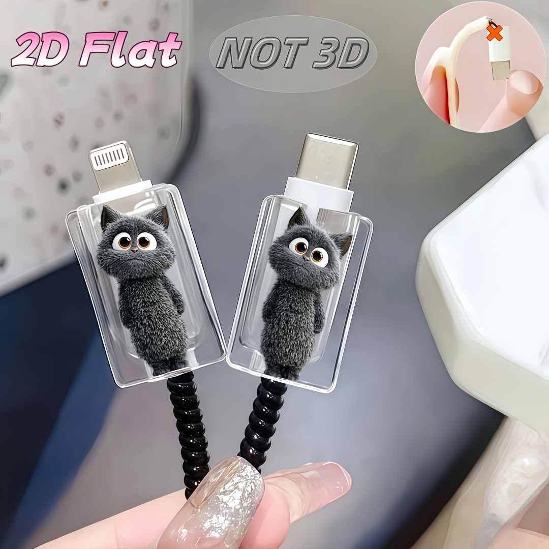 [2d Flat] 2pcs Cute Cat Pattern Printed Data Cable Protectors, Anti-break, Type-c Phone Data Cable Protector, Aesthetic And Durable