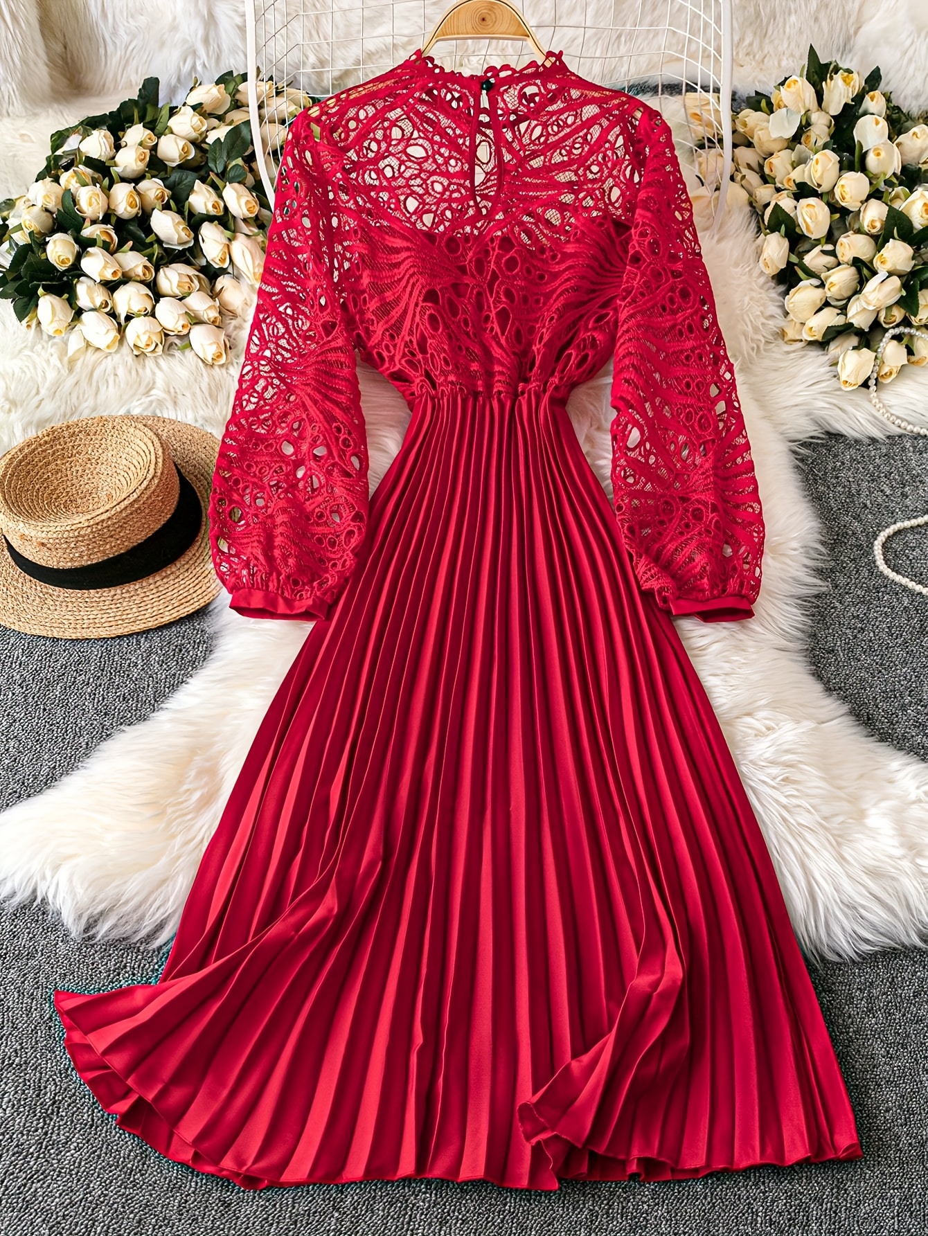 open lace back dress Lukea Long Sleeve Satin Mini Dress Red