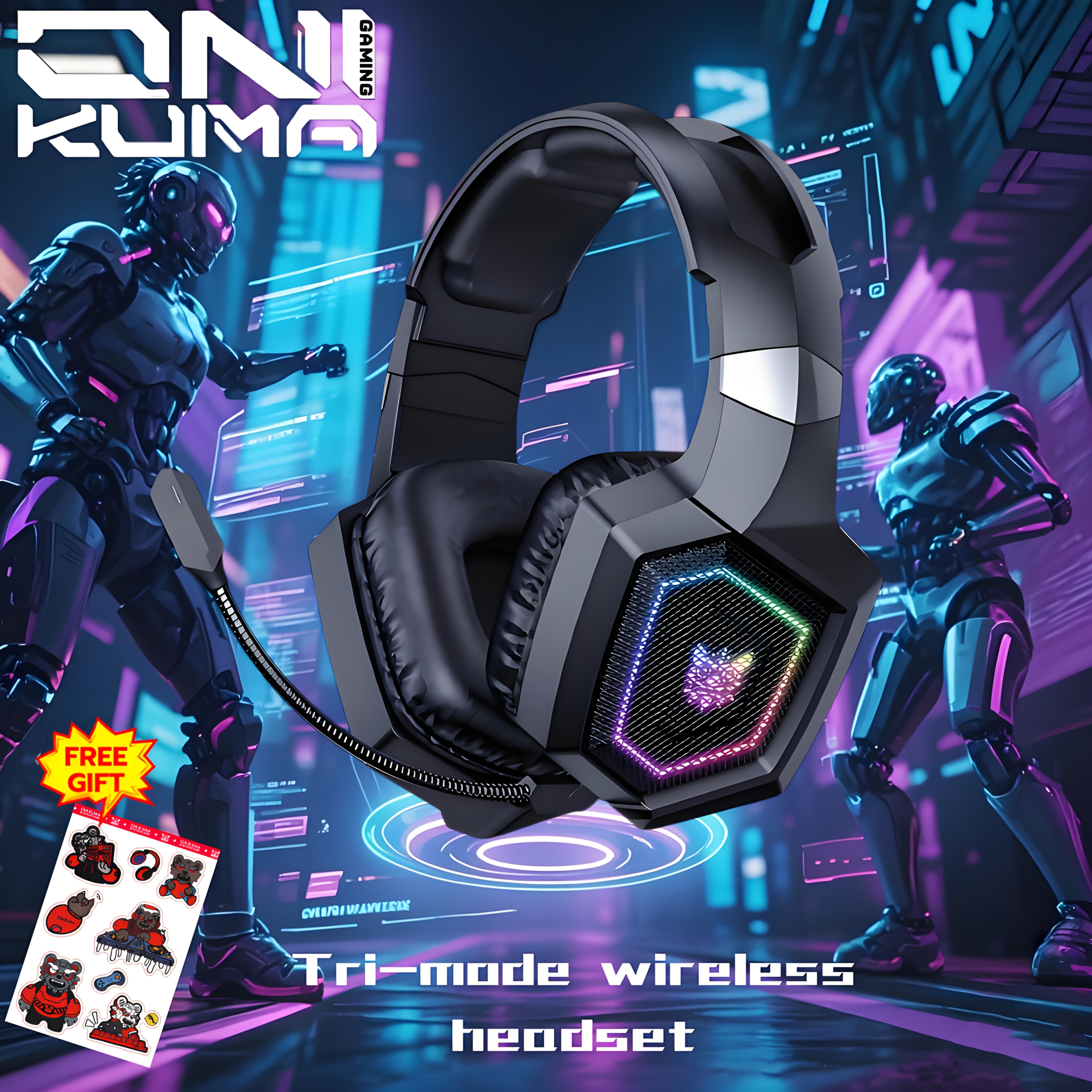 Image of Onikuma 7.1 Surround Sound Wireless Gaming Headset, Wireless Noise Canceling Triple Mode Headset With Rgb Lights, Detachable , Type-c Port Charging, Extra Long Wireless + Black
