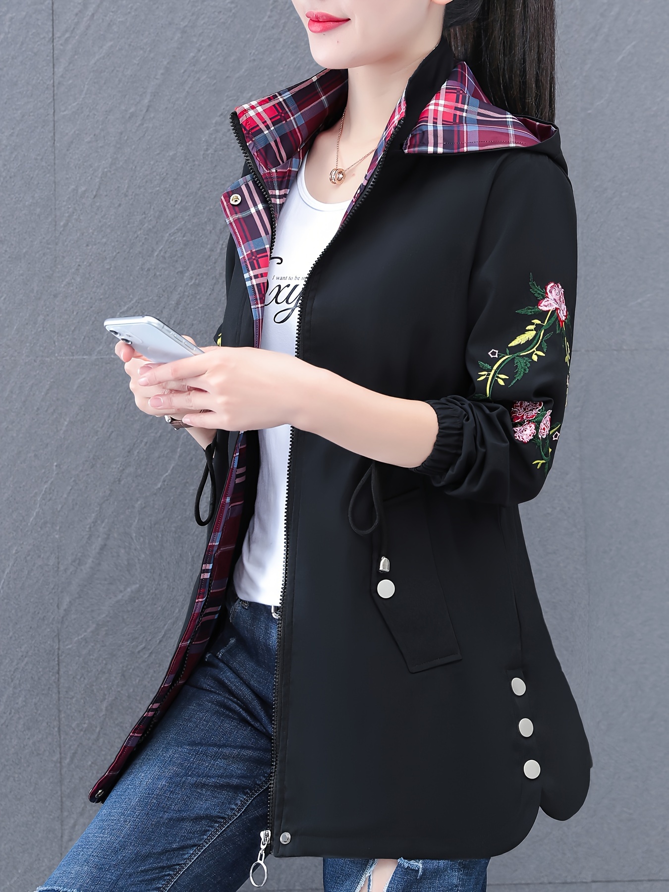 Chamarra casual para mujer con capucha, estampado floral y cierre de cremallera, ligera para primavera/otoño, tela sin estirar, solo lavado a mano, estilo inspirado en Corea, detalles duraderos con botones