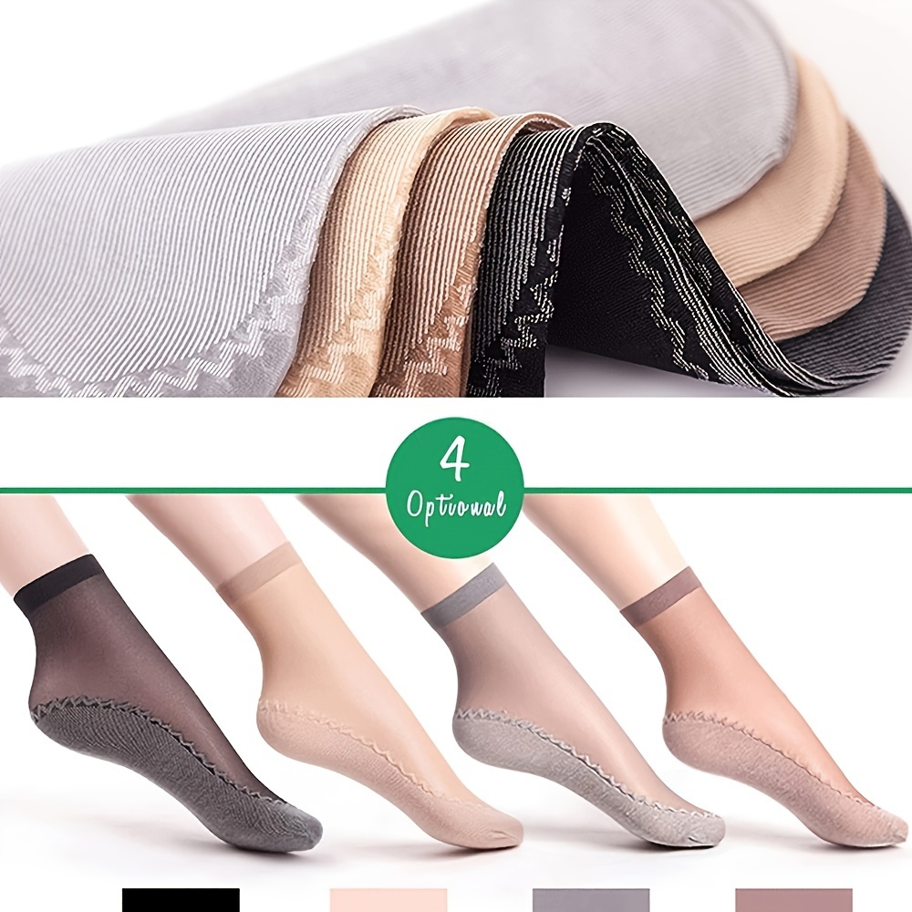 

10pcs Women’s Non-slip Sheer Nylon Ankle Socks - Breathable, Transparent Short Socks In Assorted Colors (gray, , Black, Pink) For Casual Attire