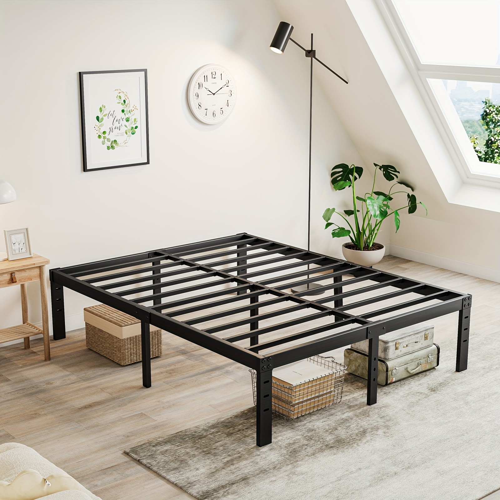 

1pc Thicker Metal Platform Bed Frame 18 Inch High, Heavy Duty Steel Slats With 3000lbs Support, No Box Spring Needed, Anti-slip, Easy Assembly, Black