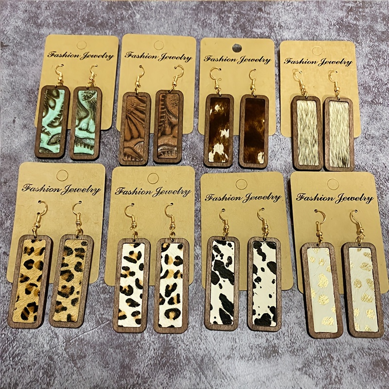 

8 Pairs Of Rectangular Leopard Print Earrings Set, Retro Bohemian Style Wooden Ornament Fashionable Women's Earrings