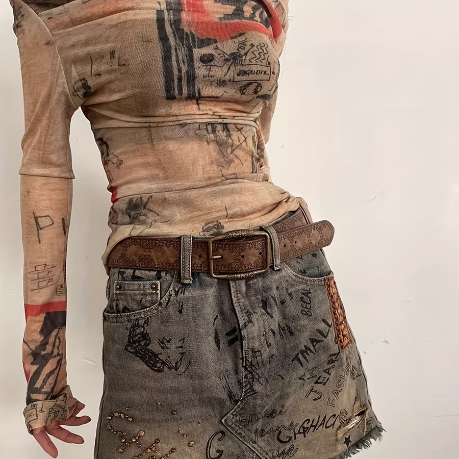 Vintage Style Brown Belt with Western Print