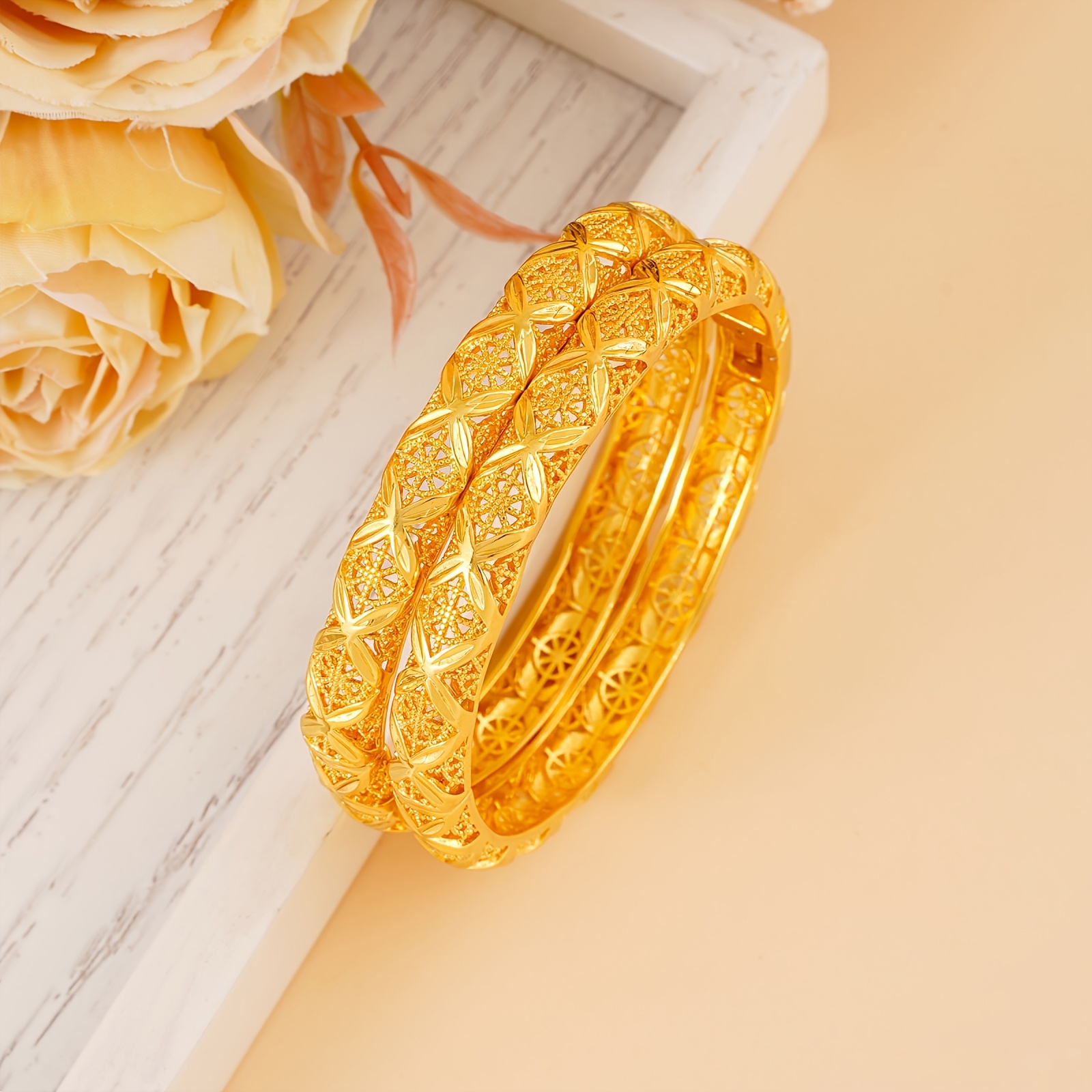 3pcs Golden Plated Open Bangle Bracelets for Daily Matching