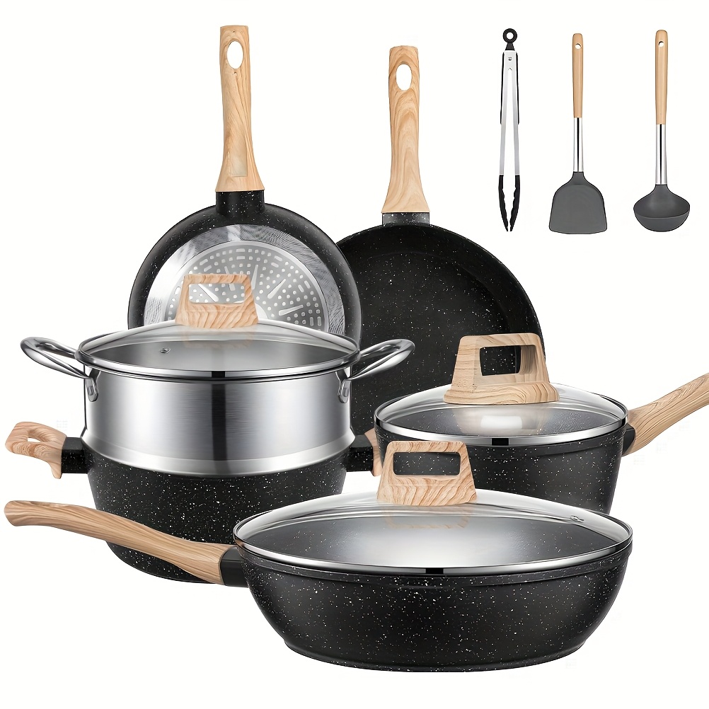 Image of 12pcs Pots And Pans Set, Nonstick Cookware Sets Induction Cookware, Non Stick Kitchen Cooking Set With Frying Pans Set, Saucepans, Steamer--black