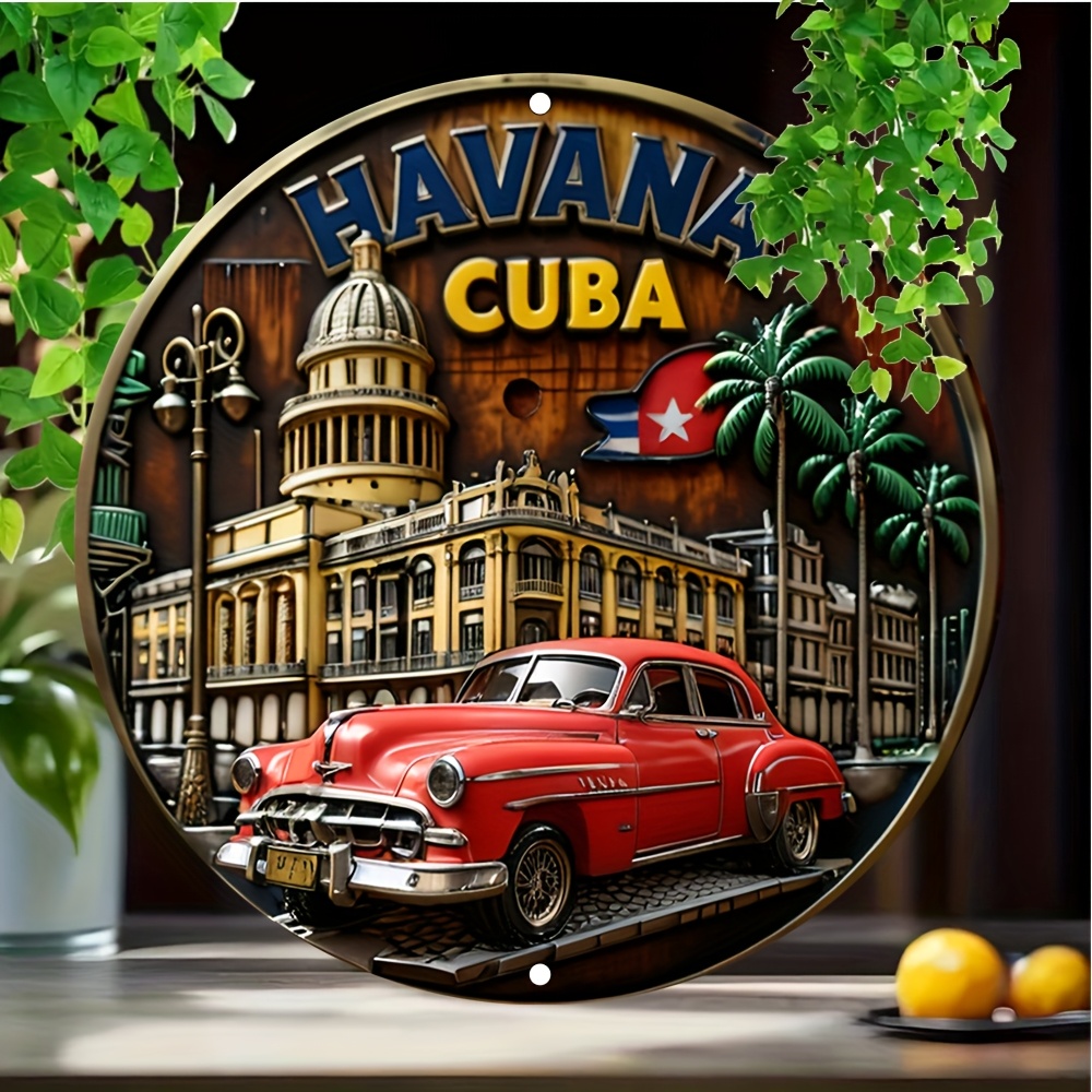 

1pc Cuba Metal Tin - 2d Aluminum Hanging Decor Car And Building , Multipurpose / Decoration For , Bar, , , And Day Of , English , 7.87