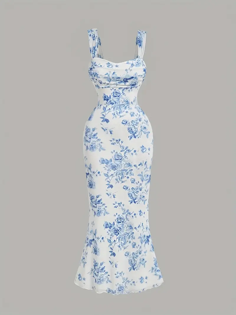 womens blue white floral print bodycon dress versatile retro - Temu Bahrain womens blue white floral print bodycon dress versatile retro - Temu Bahrain